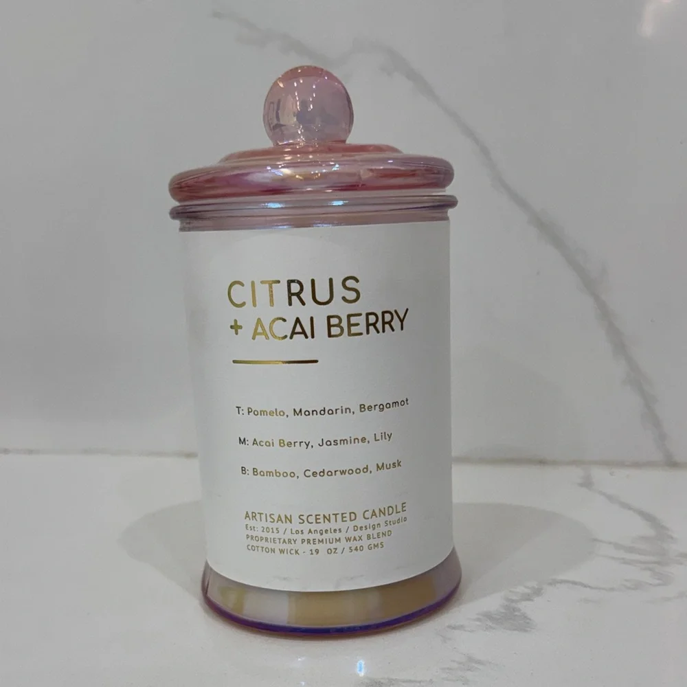 West Elm Pink Iridescent Glass Lid Citrus + Acai Berry Candle